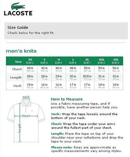 lacoste men's sizing chart.